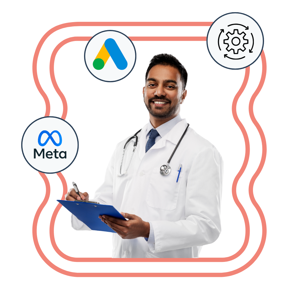 male doctor at healthcare practice with google ads meta ads logos